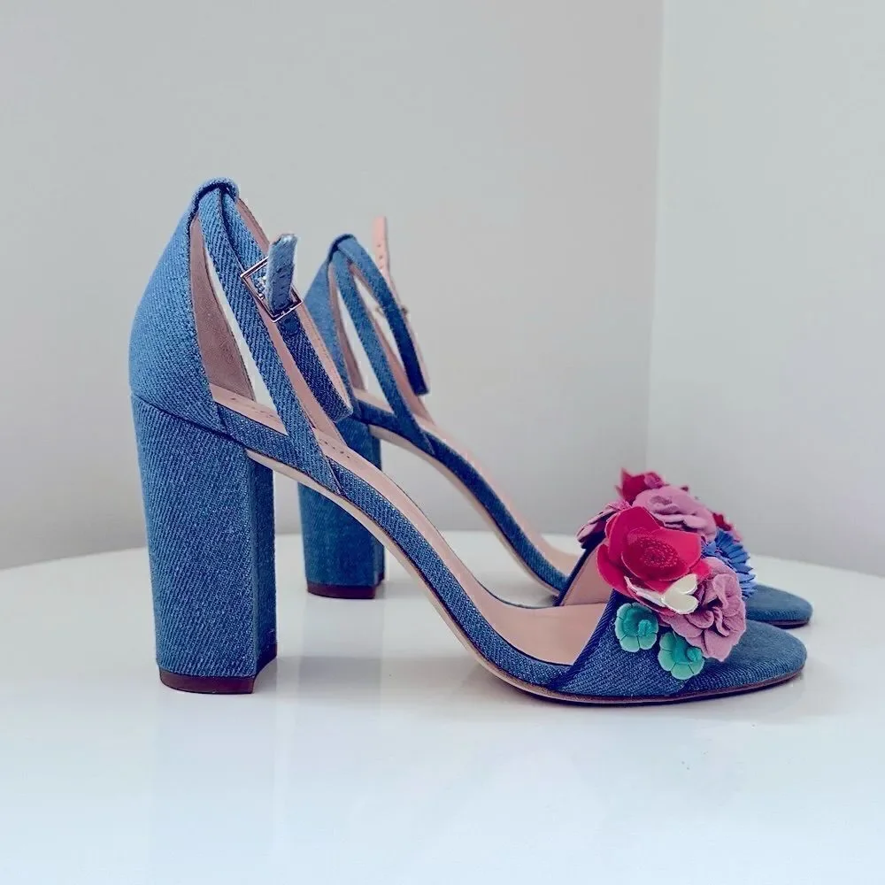 ⭕️ KATE SPADE Obelie Heels Sandals Denim Flowers Blue
